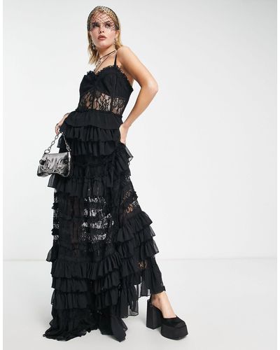 Reclaimed (vintage) Édition limitée - - robe longue en dentelle à détail corset et volants étagés - Noir