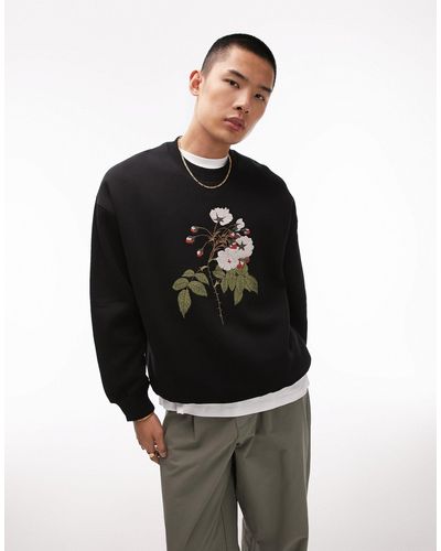 TOPMAN Oversized Fit Sweatshirt With Floral Embroidery - Black