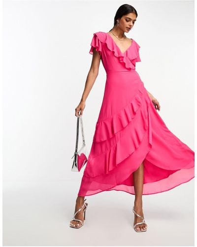 Y.A.S Bridesmaid Wrap Frill Detail Maxi Dress - Pink
