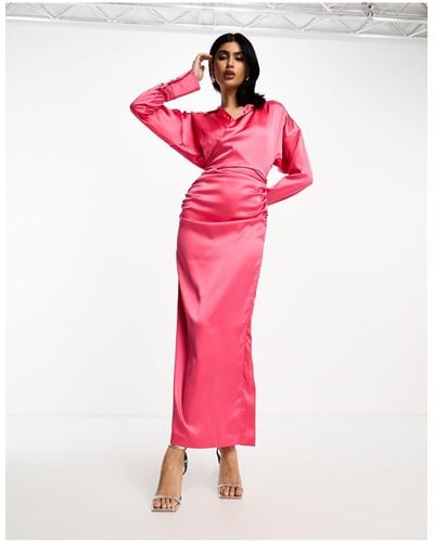 DASKA Satin Wrap Maxi Shirt Dress - Pink