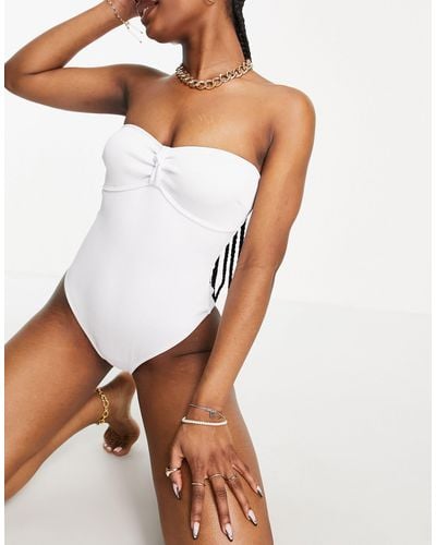 Missguided Ribbed Strapless Swimsuit With Knot Detail - White