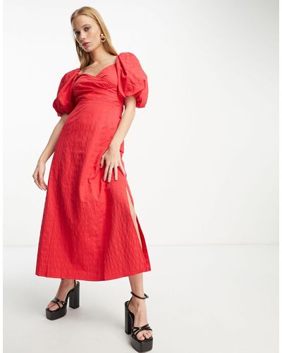 & Other Stories Woven Puff Sleeve Midi Dress - Red