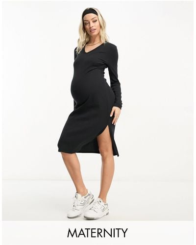 Threadbare Maternity V Neck Midi Dress With Side Split - Black