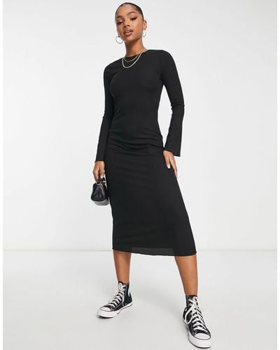 New Look Lettuce Edge Flared Sleeve Ribbed Midi Dress - Black