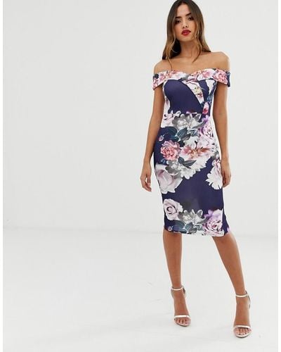 Lipsy Bardot Midi Dress In Floral Print In Navy - Blue