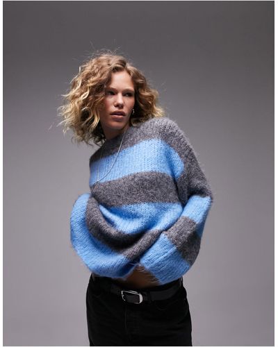 TOPSHOP Knitted Fluffy Bold Stripe Crew Neck Oversized Sweater - Blue