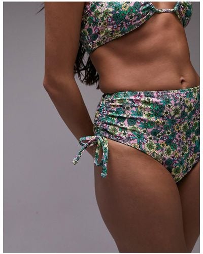 TOPSHOP Mix And Match Ditsy Floral Ruche Side High Waist Bikini Bottoms - Brown