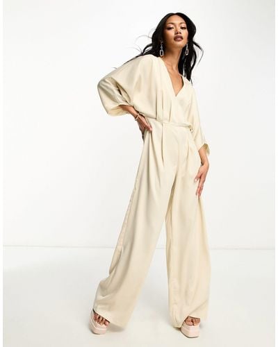 In The Style V Neck Batwing Sleeve Wide Leg Jumpsuit - Natural