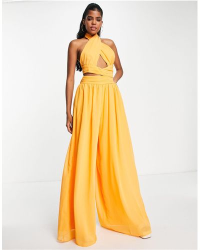 ASOS Halter Ruched Jumpsuit With Cut Out - Yellow