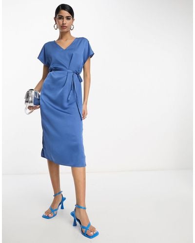 Vila Satin T-shirt Midi Dress With Tie Waist - Blue