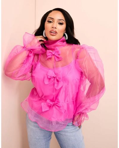 ASOS Curve Organza Long Sleeve Top With Bow Detail And Cami - Pink