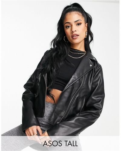 ASOS Premium Leather Oversized Biker Jacket With Chain Detail in Black
