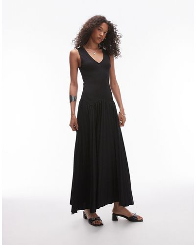TOPSHOP V Neck Jersey And Pleated Midi Dress - Black