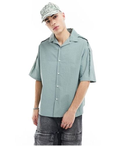 Collusion Techy Short Sleeve Revere Shirt With Raw Seam Detail - Blue