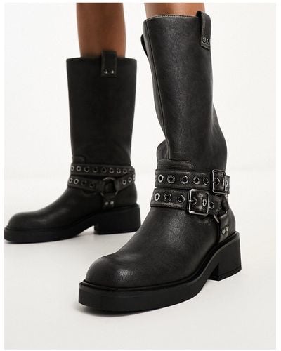 Bershka Buckle Detail Calf Length Boots - Black