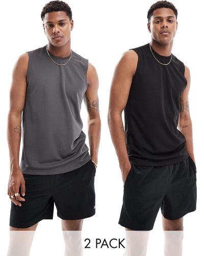 ASOS 4505 Icon - confezione da 2 t-shirt da allenamento senza maniche quick dry nera e grigio antracite - Nero