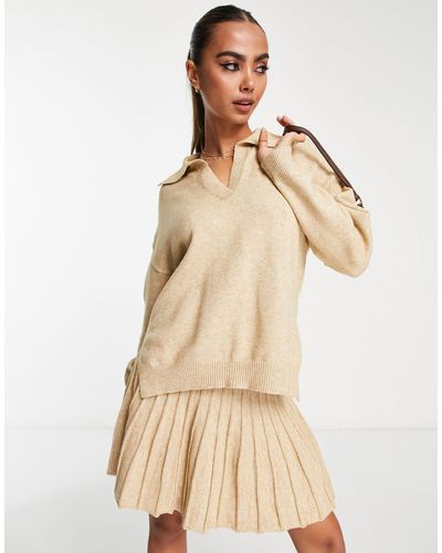 In The Style X Lorna Luxe Knitted Pleated Collar Detail Sweater Co-ord - Natural