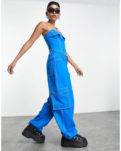 Collusion Festival Cargo Trousers With Top Stitching - Blue