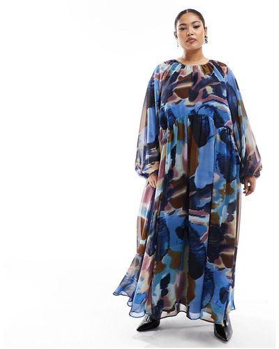 ASOS Asos Design Curve Chiffon Maxi Smock Dress With Scallop Waist - Blue