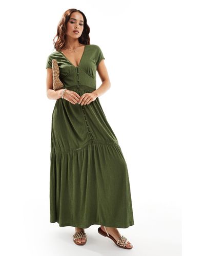 ASOS V Neck With Cap Sleeves With Lace Inserts Maxi Dress - Green
