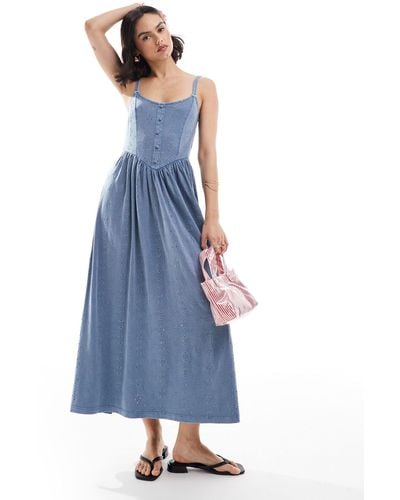 ASOS Cami With Button Front Princess Seam Full Skirt Midi Dress - Blue