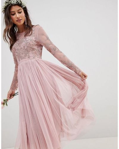 ASOS Embroidered Mesh Long Sleeve Midi Dress - Pink