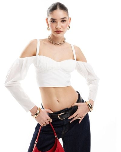 ASOS Ruched Bust Crop Top With exaggerated Sleeves - White