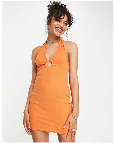 Naanaa Ring Detail Plunge Mini Dress - Orange