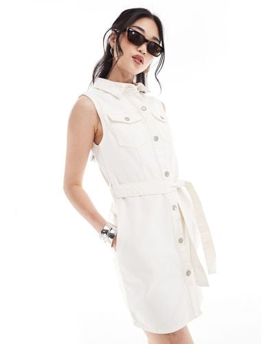 New Look Denim Sleeveless Shirt Mini Dress - White