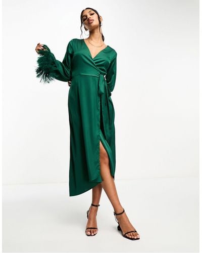 TFNC London Satin Midi Wrap Dress With Faux Feather Cuffs - Green