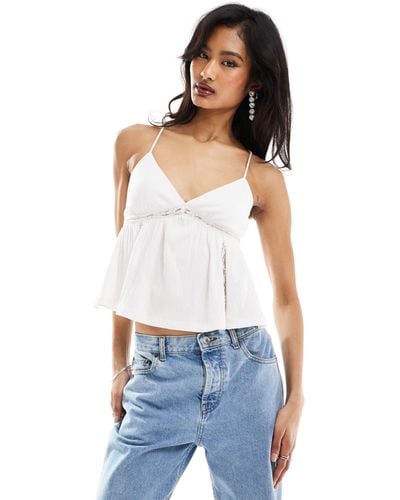 ASOS Crinkle Lace Insert Cami Blouse With Open Back - White