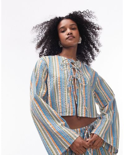 TOPSHOP Co-ord Seersucker Striped Tie Front Beach Top - Blue