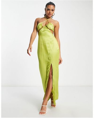In The Style X Yasmin Devonport Exclusive Satin Cut Out Ruched Bust Detail Maxi Dress - Green