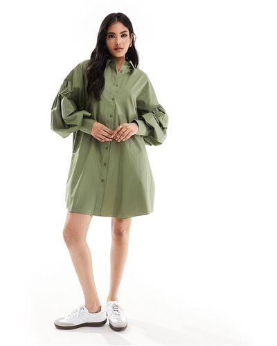 ASOS Ultimate Boyfriend Mini Shirt Dress With Volume Sleeve - Green