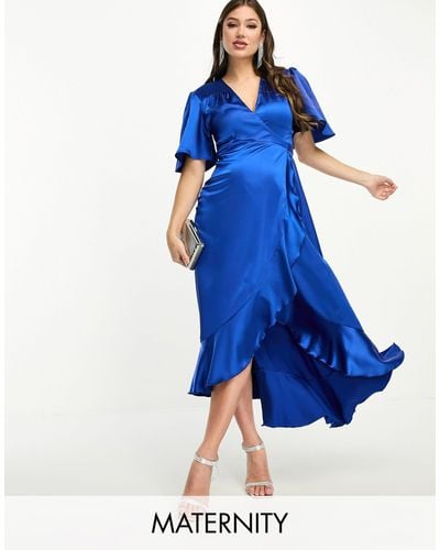 Flounce London Wrap Front Satin Midi Dress With Flutter Sleeves - Blue