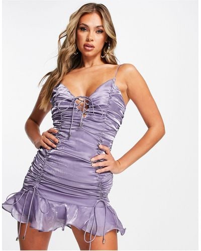 Amy Lynn Sateen Ruched Mini Bodycon Dress - Purple
