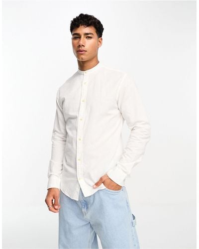 Jack & Jones Essentials Linen Shirt With Grandad Collar - White