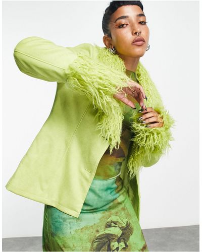 Collusion Faux Suedette Jacket With Fur Trims - Green