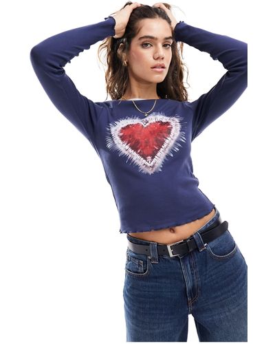 Miss Selfridge Heart Graphic Tee With Long Sleeve - Blue