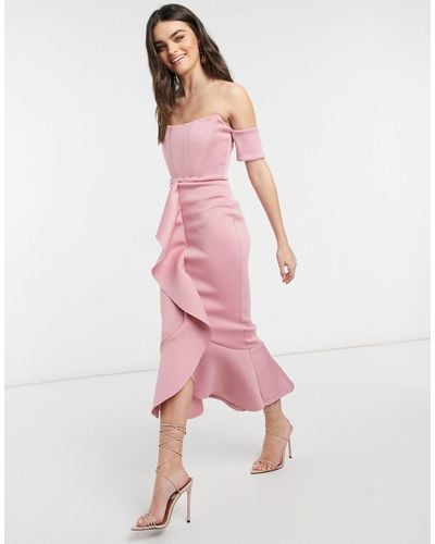 True Violet Exclusive Bardot Corset Detail Ruffle Fishtail Midi Dress - Pink