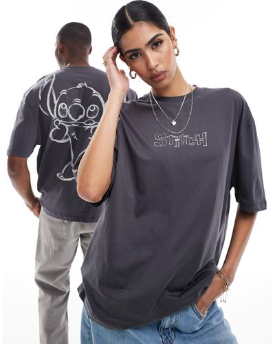 ASOS Disney - t-shirt unisexe oversize avec imprimés stitch esquissés - anthracite - Bleu