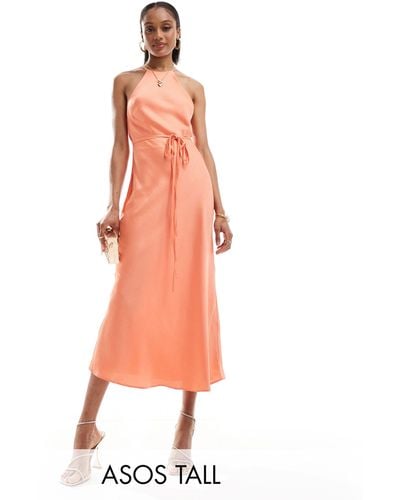 ASOS Asos Design Tall Halter Racer Maxi Dress With Tie Waist And Cut Out Sides - Orange