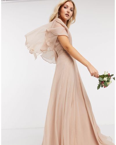 ASOS Bridesmaid Ruched Bodice Drape Maxi Dress With Wrap Waist And Flutter Cape Sleeve - Natural