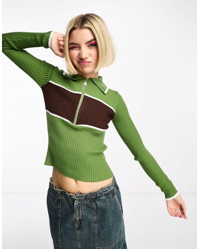 Daisy Street Collar Detail Rib 90s Sweater - Green