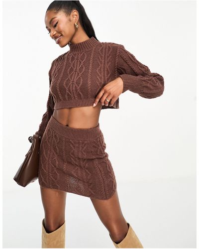 Aria Cove Cable Knit Deep Cuff Cropped Jumper Co-ord - Brown