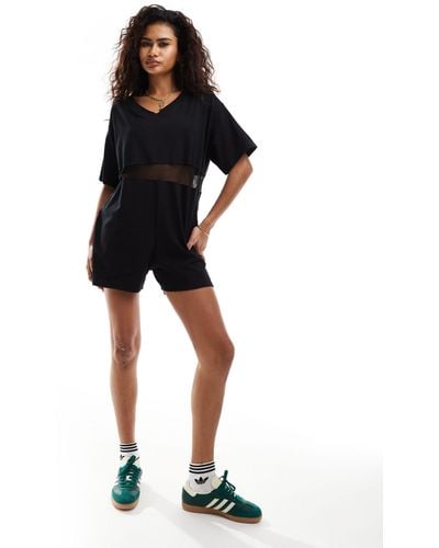 Collusion Boxy V Neck Romper With Sports Mesh Detail - Black