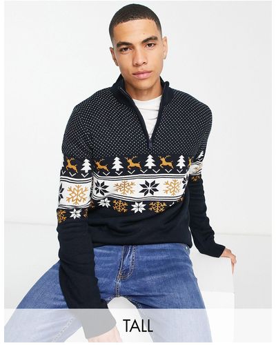 Threadbare Tall - maglione natalizio con cerniera lampo corta e motivo fair isle - Blu
