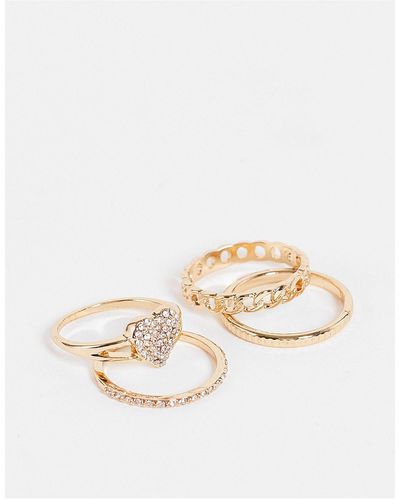 TOPSHOP Pack Of 4 Pave Heart And Chain Rings - Metallic