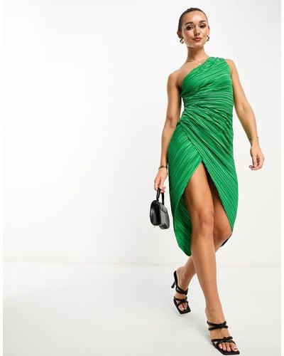 ASOS One Shoulder Plisse Midi Dress - Green