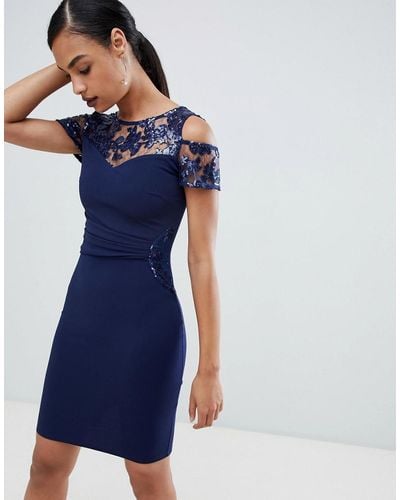 Lipsy Cold Shoulder Dress With Lace Detail - Blue